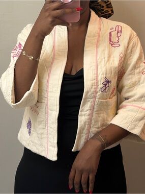 Zara Cream Embroidered Open-Front Short Kimono Jacket